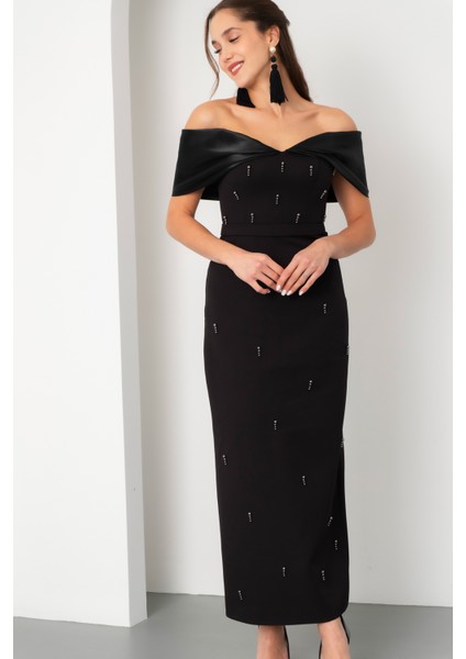 Kadın Siyah Kayık Yaka Incili Söz Nişan Nikah Abiye Elbise