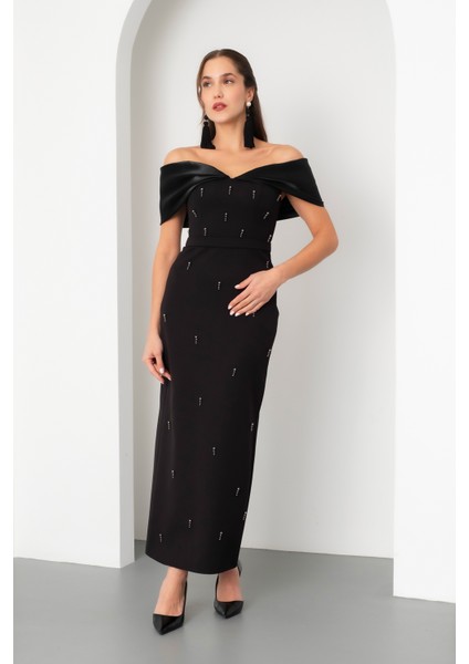 Kadın Siyah Kayık Yaka Incili Söz Nişan Nikah Abiye Elbise fiyatları