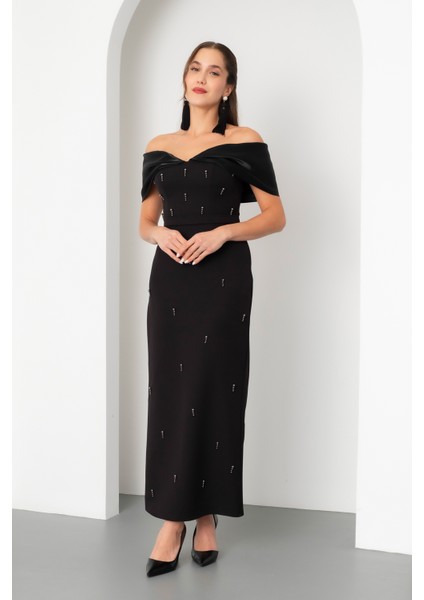 Kadın Siyah Kayık Yaka Incili Söz Nişan Nikah Abiye Elbise modelleri