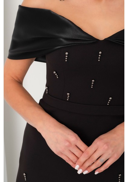 Kadın Siyah Kayık Yaka Incili Söz Nişan Nikah Abiye Elbise indirimleri