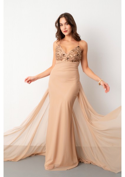 Kadın Bej Askılı Taş Detaylı Uzun Tül Abiye Elbise