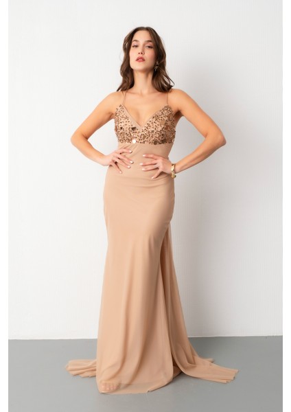 Kadın Bej Askılı Taş Detaylı Uzun Tül Abiye Elbise fiyatları