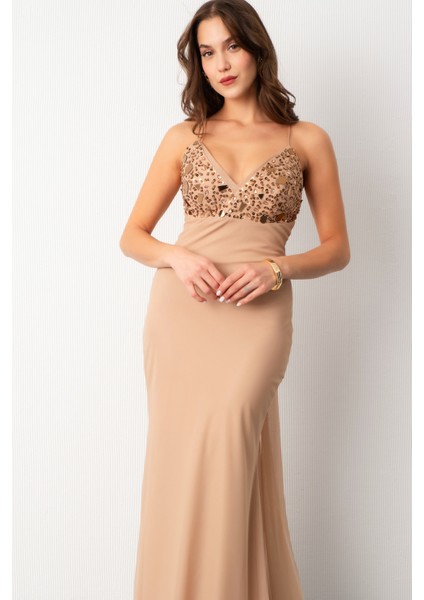 Kadın Bej Askılı Taş Detaylı Uzun Tül Abiye Elbise modelleri