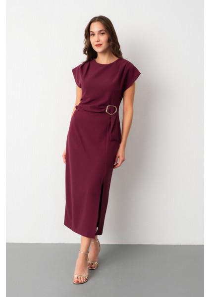 Kadın Mürdüm Toka Detay Midi Davet Elbisesi