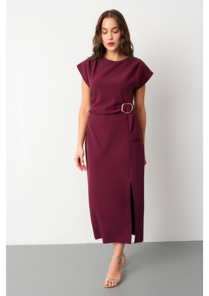 Kadın Mürdüm Toka Detay Midi Davet Elbisesi fiyatları