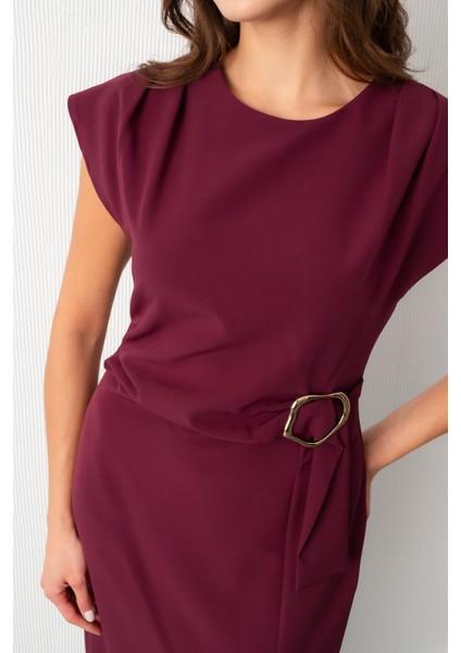 Kadın Mürdüm Toka Detay Midi Davet Elbisesi indirimleri