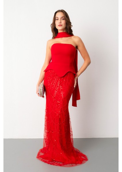Kadın Kırmızı Straplez Taşlı Uzun Balık Abiye