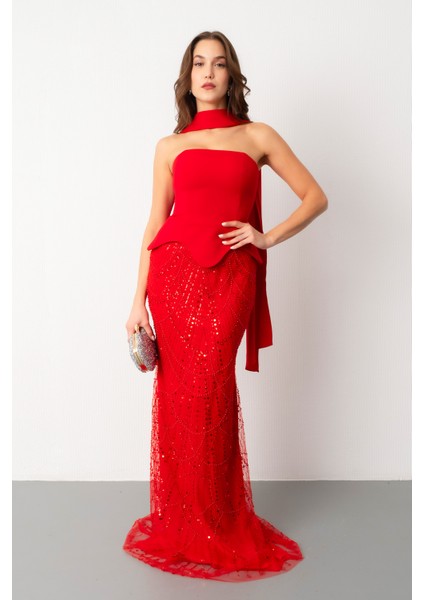 Kadın Kırmızı Straplez Taşlı Uzun Balık Abiye fiyatları