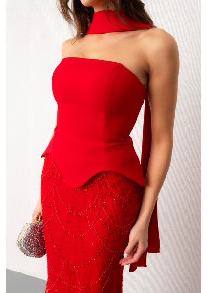Kadın Kırmızı Straplez Taşlı Uzun Balık Abiye fırsatları