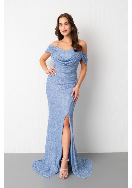 Kadın Bebe Mavi Omuz Dekolteli Boncuklu Uzun Abiye Elbise