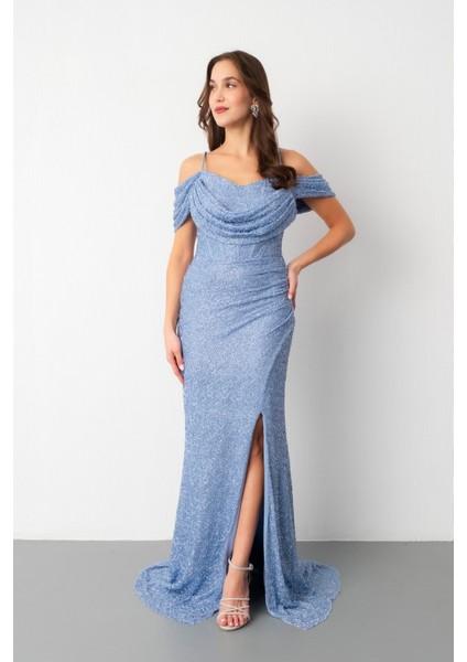 Kadın Bebe Mavi Omuz Dekolteli Boncuklu Uzun Abiye Elbise fiyatları