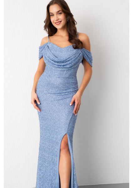 Kadın Bebe Mavi Omuz Dekolteli Boncuklu Uzun Abiye Elbise modelleri