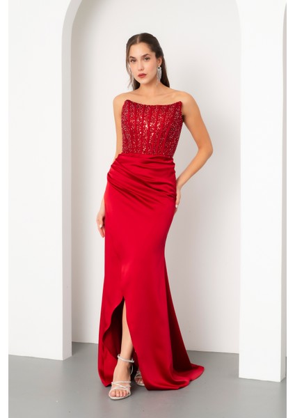 Kadın Bordo Balen Korse Detaylı Taşlı Uzun Abiye Elbise