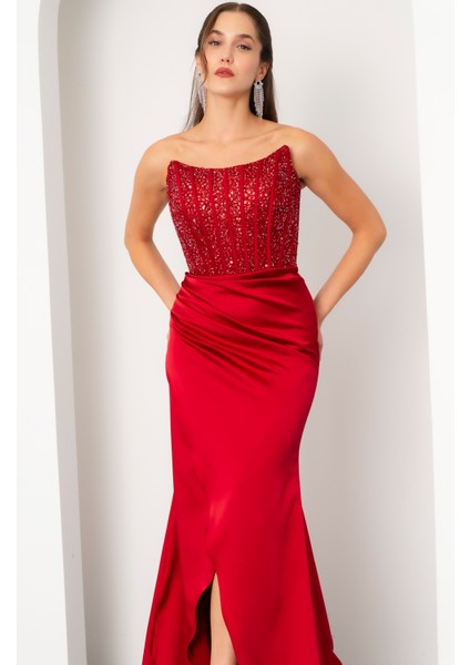 Kadın Bordo Balen Korse Detaylı Taşlı Uzun Abiye Elbise fiyatları