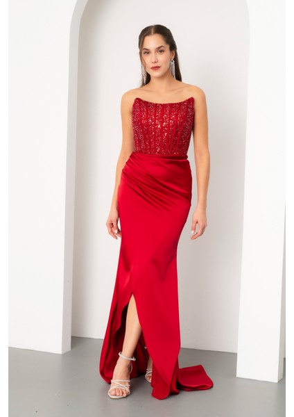 Kadın Bordo Balen Korse Detaylı Taşlı Uzun Abiye Elbise modelleri