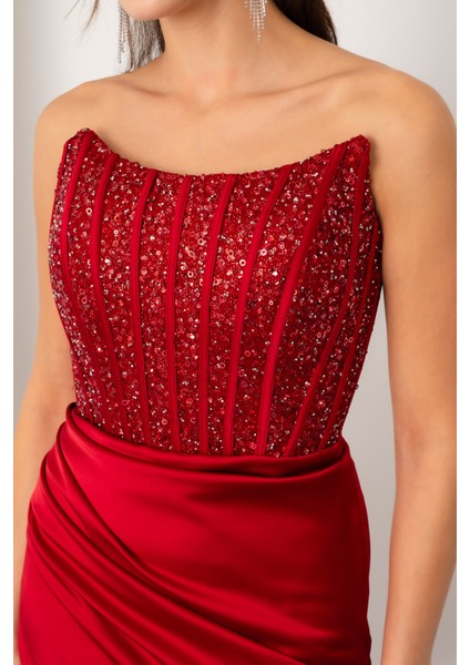 Kadın Bordo Balen Korse Detaylı Taşlı Uzun Abiye Elbise fırsatları