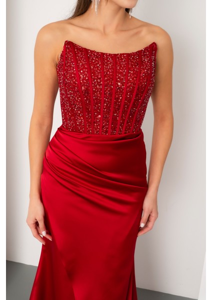 Kadın Bordo Balen Korse Detaylı Taşlı Uzun Abiye Elbise indirimleri