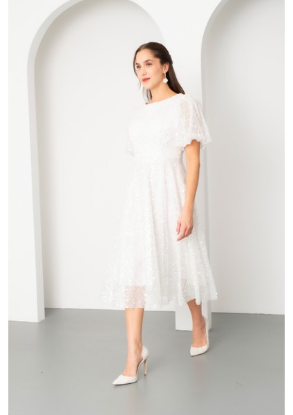 Kadın Beyaz Balon Kol Pul Payet Midi Abiye Elbise