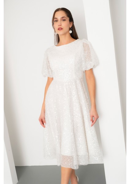 Kadın Beyaz Balon Kol Pul Payet Midi Abiye Elbise modelleri