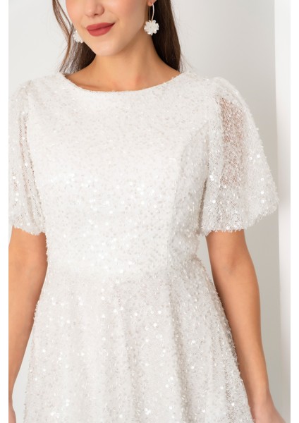 Kadın Beyaz Balon Kol Pul Payet Midi Abiye Elbise fırsatları