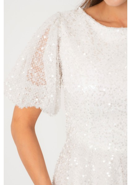 Kadın Beyaz Balon Kol Pul Payet Midi Abiye Elbise indirimleri