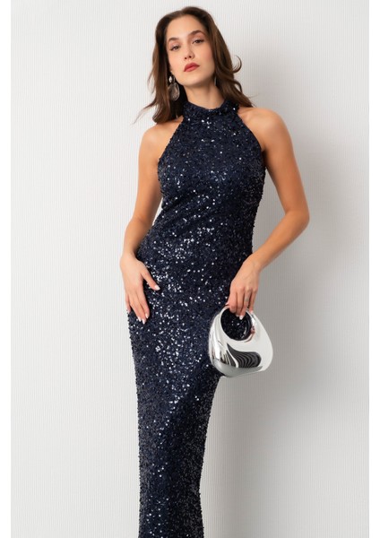 Kadın Lacivert Halter Yaka Pul Payet Uzun Abiye Elbise modelleri
