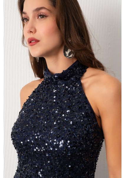 Kadın Lacivert Halter Yaka Pul Payet Uzun Abiye Elbise fırsatları