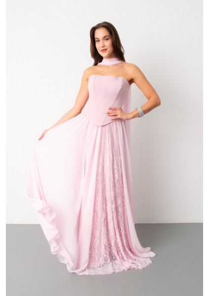 Kadın Pudra Straplez Yaka Piliseli Dantel Detay Uzun Abiye Elbise
