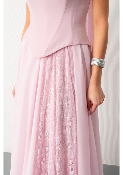 Kadın Pudra Straplez Yaka Piliseli Dantel Detay Uzun Abiye Elbise fırsatları