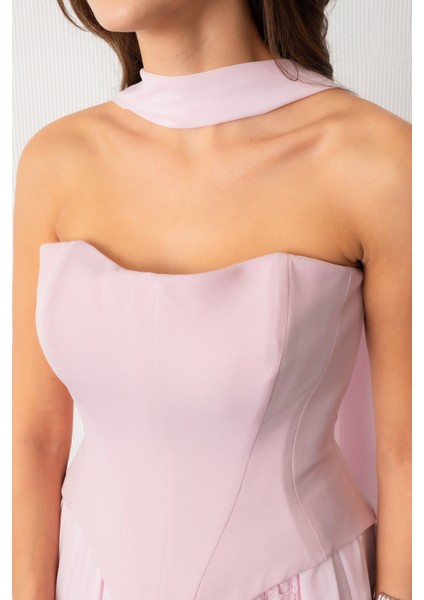 Kadın Pudra Straplez Yaka Piliseli Dantel Detay Uzun Abiye Elbise indirimleri