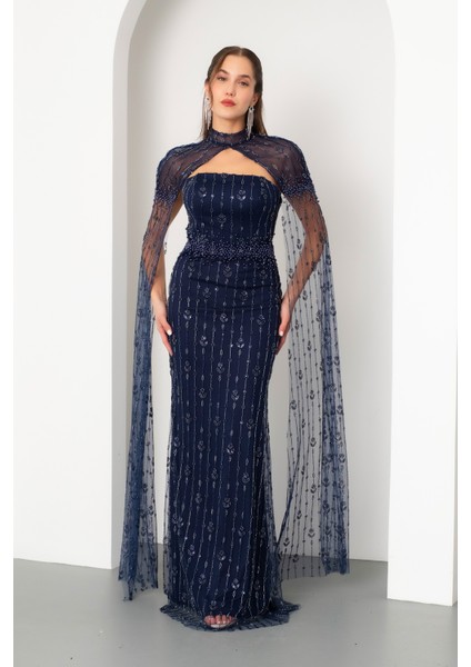 Kadın Lacivert Şallı Uzun Kol Dik Yaka Boncuklu Uzun Abiye Elbise