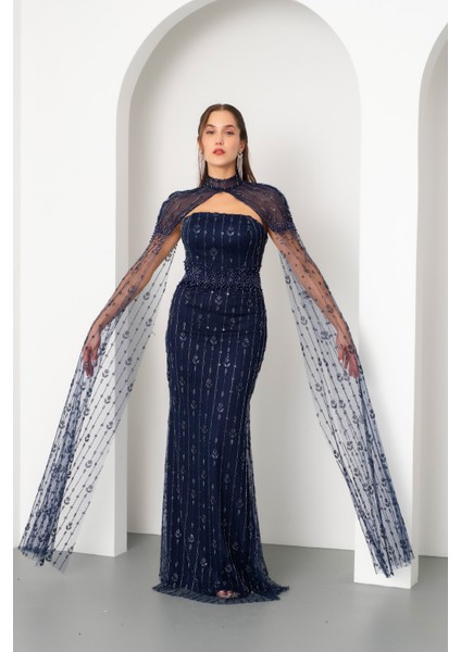 Kadın Lacivert Şallı Uzun Kol Dik Yaka Boncuklu Uzun Abiye Elbise fiyatları