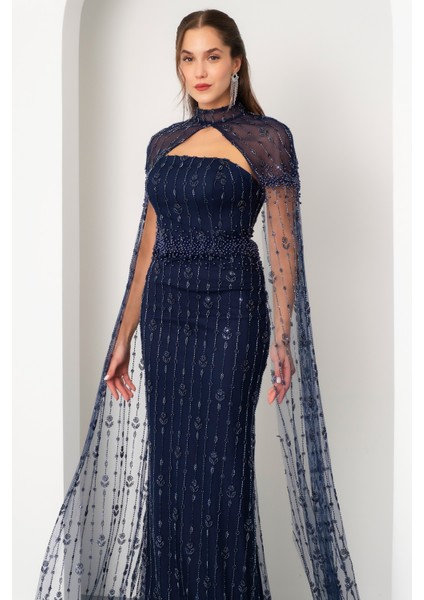 Kadın Lacivert Şallı Uzun Kol Dik Yaka Boncuklu Uzun Abiye Elbise modelleri