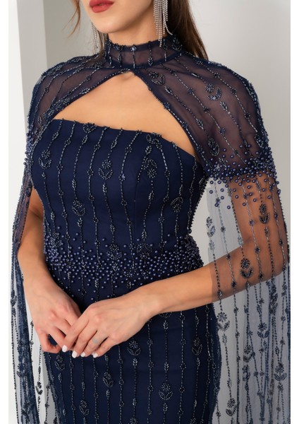 Kadın Lacivert Şallı Uzun Kol Dik Yaka Boncuklu Uzun Abiye Elbise fırsatları