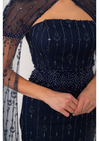 Kadın Lacivert Şallı Uzun Kol Dik Yaka Boncuklu Uzun Abiye Elbise indirimleri