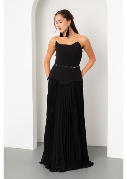 Kadın Siyah Straplez Yaka Taşlı Piliseli Uzun Abiye Elbise fiyatları