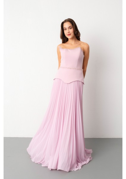 Kadın Pudra Straplez Yaka Taşlı Piliseli Uzun Abiye Elbise