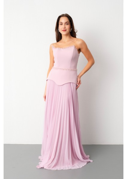 Kadın Pudra Straplez Yaka Taşlı Piliseli Uzun Abiye Elbise fiyatları