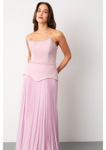 Kadın Pudra Straplez Yaka Taşlı Piliseli Uzun Abiye Elbise modelleri