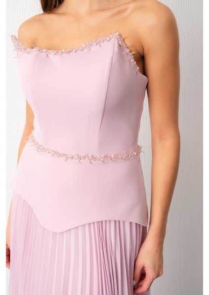 Kadın Pudra Straplez Yaka Taşlı Piliseli Uzun Abiye Elbise fırsatları