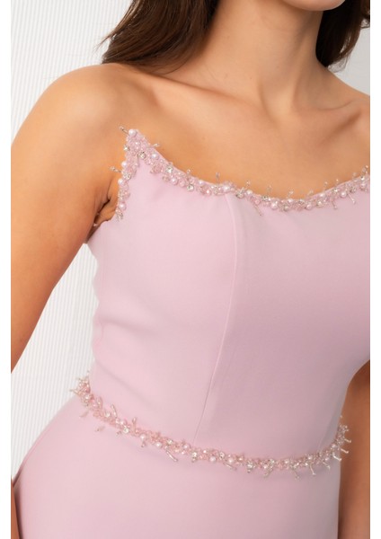 Kadın Pudra Straplez Yaka Taşlı Piliseli Uzun Abiye Elbise indirimleri