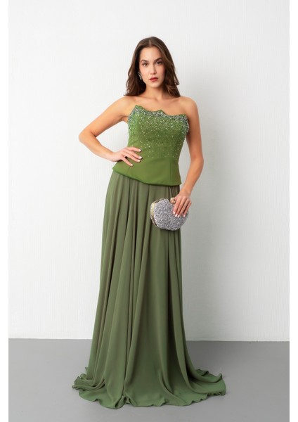 Kadın Haki Straplez Taşlı Uzun Tül Abiye Elbise