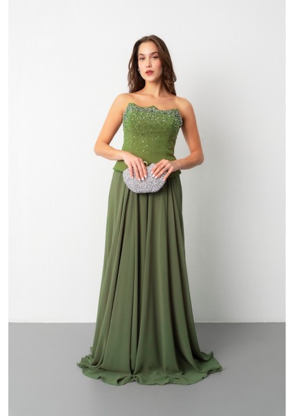 Kadın Haki Straplez Taşlı Uzun Tül Abiye Elbise fiyatları