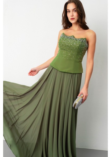Kadın Haki Straplez Taşlı Uzun Tül Abiye Elbise modelleri