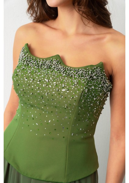 Kadın Haki Straplez Taşlı Uzun Tül Abiye Elbise fırsatları