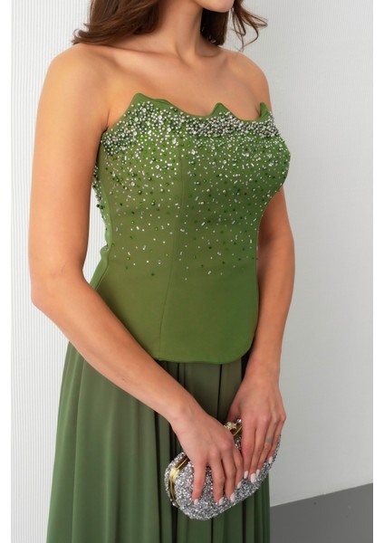 Kadın Haki Straplez Taşlı Uzun Tül Abiye Elbise indirimleri