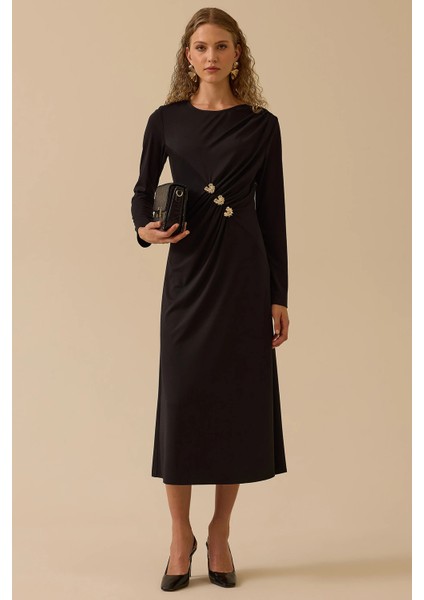 Kadın Gold Aksesuar Detaylı Drapeli Elbise 0003 Siyah fiyatları