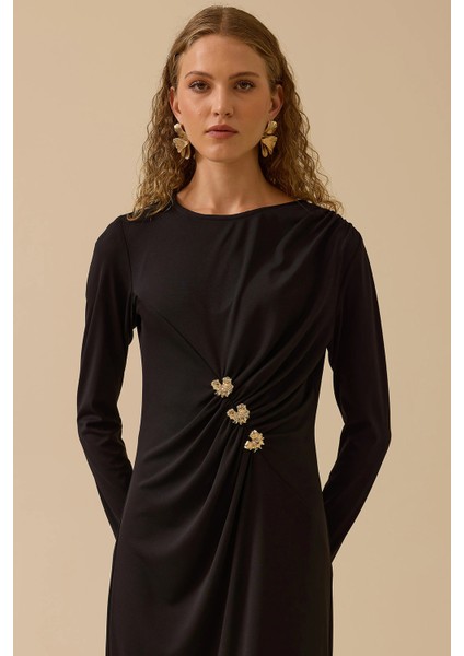 Kadın Gold Aksesuar Detaylı Drapeli Elbise 0003 Siyah modelleri