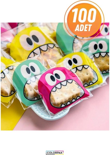 Canavar Desenli Sevimli Eğlenceli Bantlı Poşetler 100 Adet Şeffaf Opp Karışık Renkler 10X10+5 cm