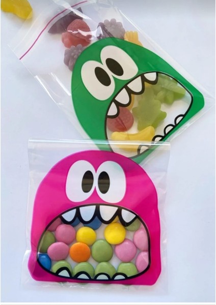 Canavar Desenli Sevimli Eğlenceli Bantlı Poşetler 100 Adet Şeffaf Opp Karışık Renkler 10X10+5 cm